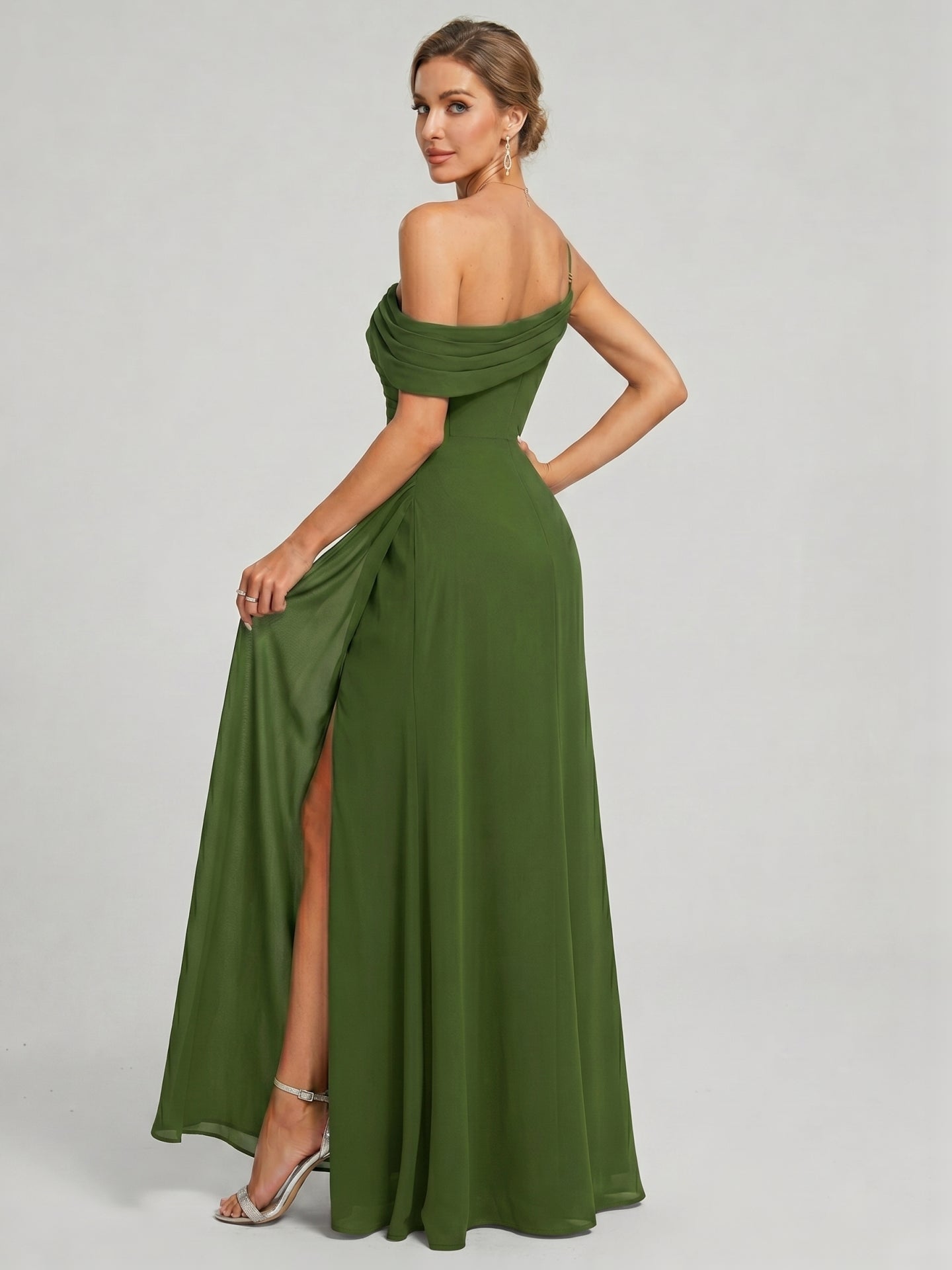 Elegant Olive Green Chiffon A-Line One Shoulder Backless with nan Ankle-Length Bridesmaid Dress
