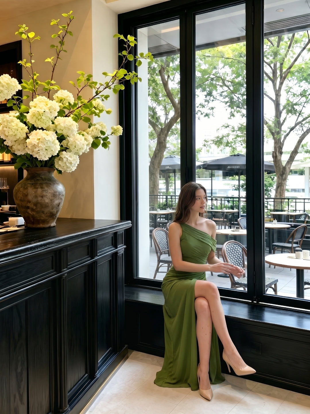 Elegant Olive Green Chiffon A-Line One Shoulder Backless with nan Ankle-Length Bridesmaid Dress
