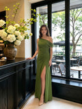 Elegant Olive Green Chiffon A-Line One Shoulder Backless with nan Ankle-Length Bridesmaid Dress
