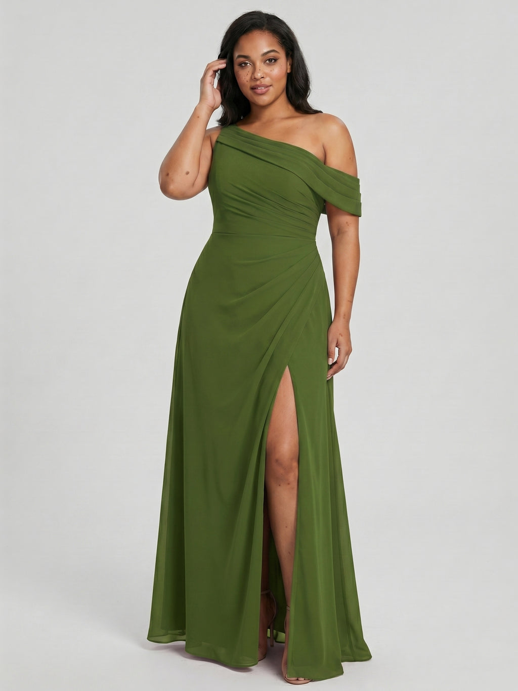 Elegant Olive Green Chiffon A-Line One Shoulder Backless with nan Ankle-Length Bridesmaid Dress