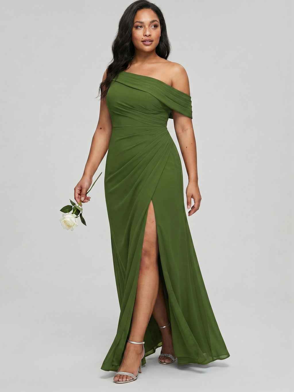 Elegant Olive Green Chiffon A-Line One Shoulder Backless with nan Ankle-Length Bridesmaid Dress