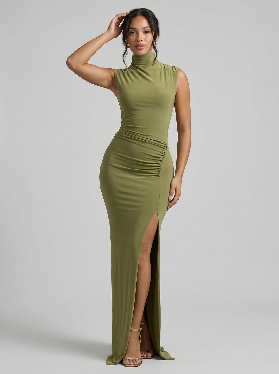Elegant Olive Green Stretch Crepe Trumpet Scoop Neck Back Zip Ankle-Length Bridesmaid Dress
