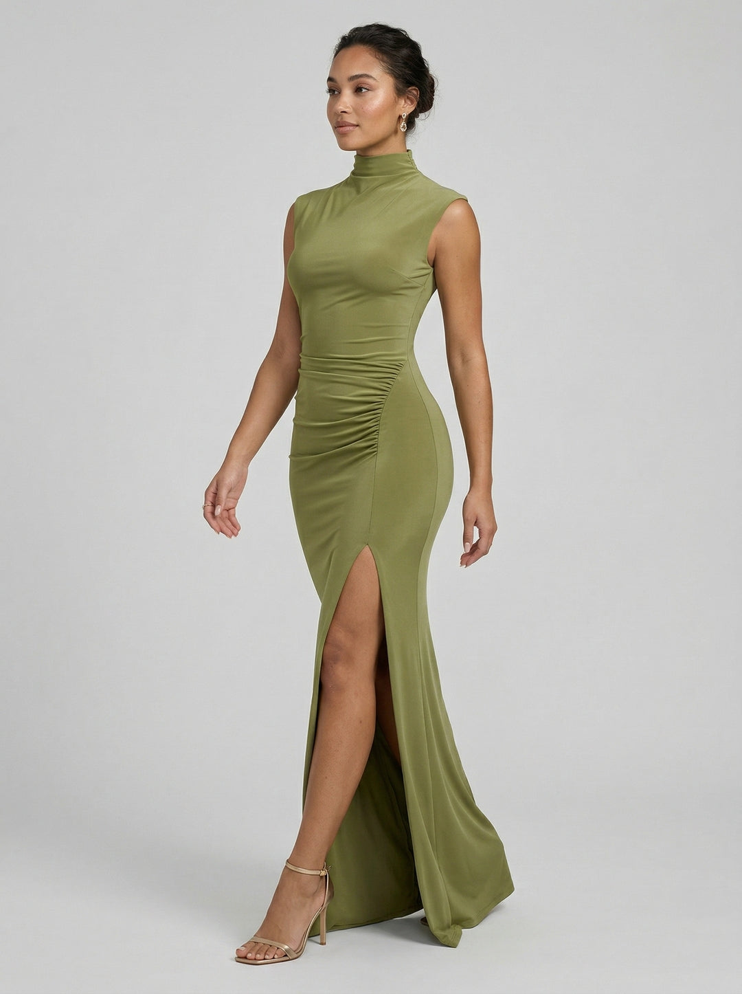 Elegant Olive Green Stretch Crepe Trumpet Scoop Neck Back Zip Ankle-Length Bridesmaid Dress