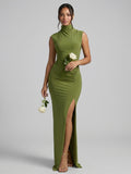 Elegant Olive Green Stretch Knit Trumpet Scoop Neck Back Zip Ankle-Length Bridesmaid Dress