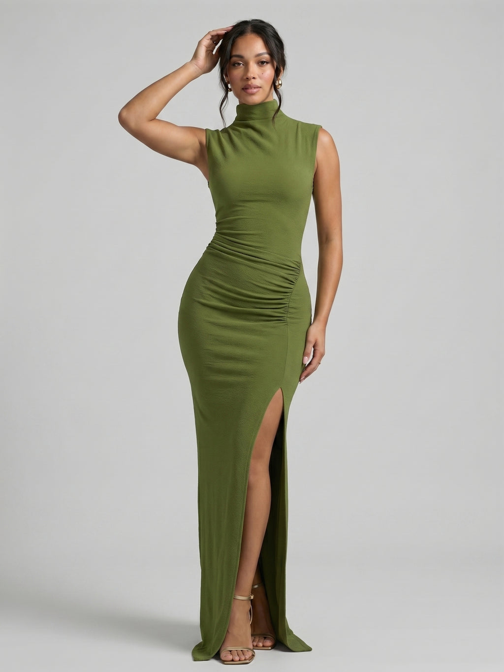 Elegant Olive Green Stretch Knit Trumpet Scoop Neck Back Zip Ankle-Length Bridesmaid Dress