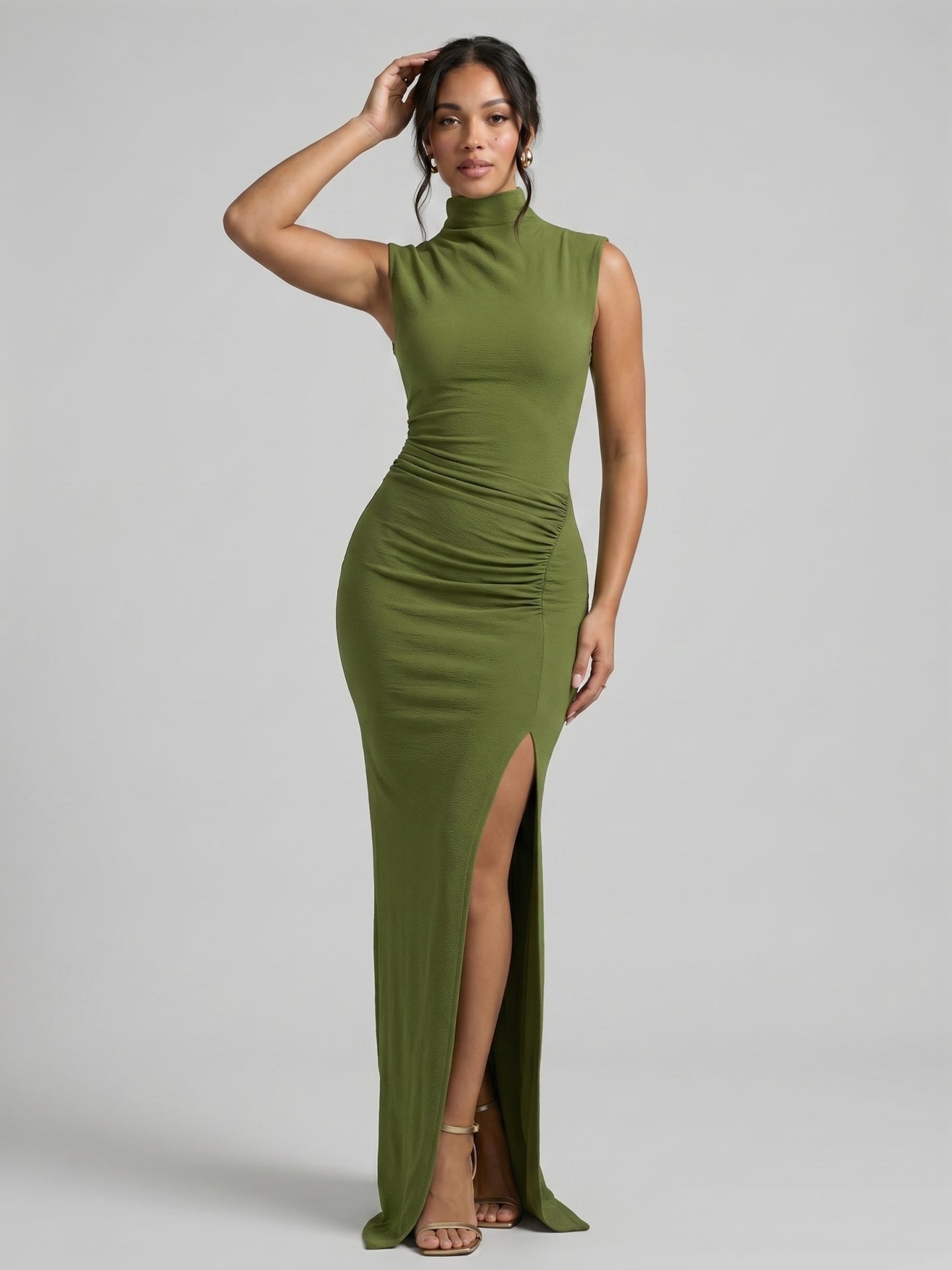 Elegant Olive Green Stretch Knit Trumpet Scoop Neck Back Zip Ankle-Length Bridesmaid Dress
