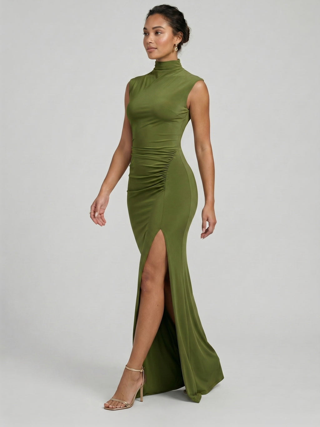 Elegant Olive Green Stretch Knit Trumpet Scoop Neck Back Zip Ankle-Length Bridesmaid Dress