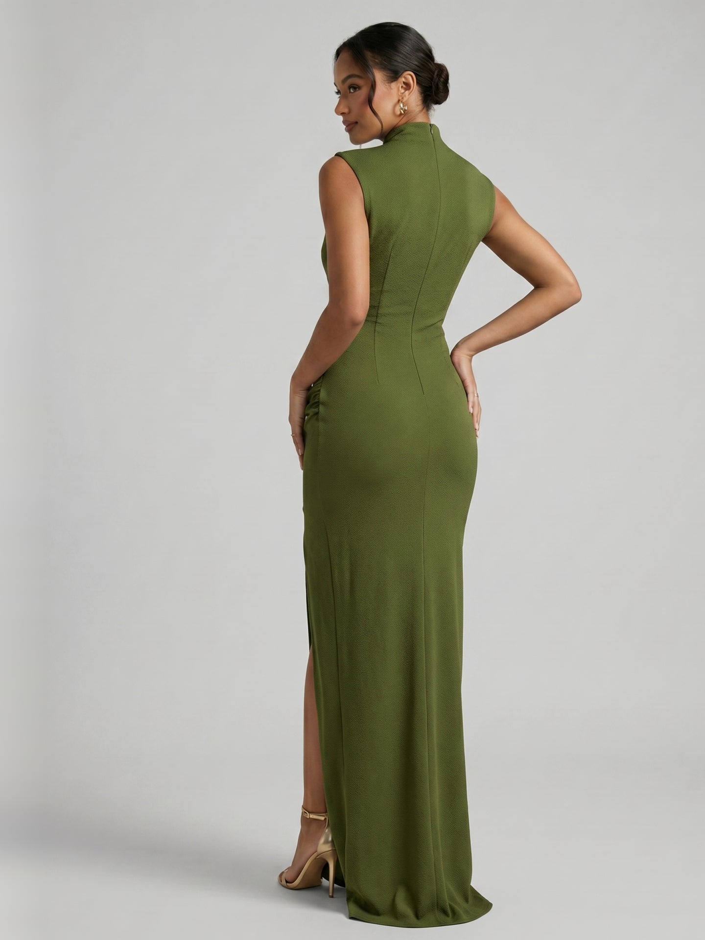 Elegant Olive Green Stretch Knit Trumpet Scoop Neck Back Zip Ankle-Length Bridesmaid Dress
