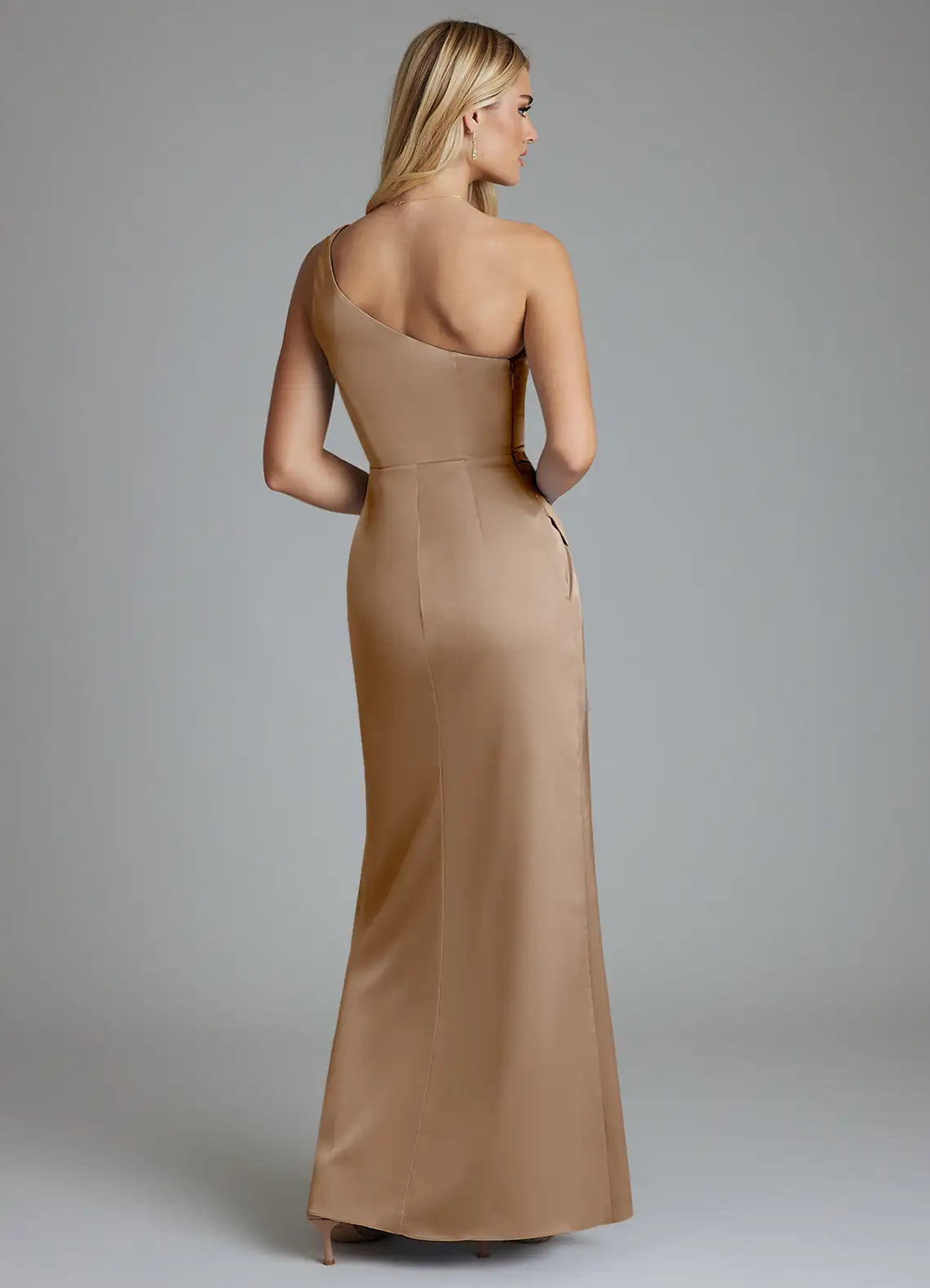 Elegant One-Shoulder Bridesmaid Dresses with Ruched Waist Detail, Daring High Slit and Form-Fitting Satin Maxi Silhouette Formal Gown