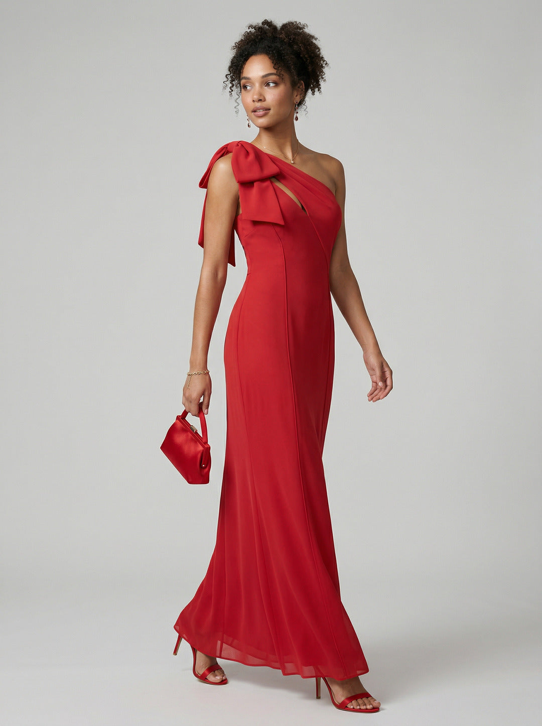 Elegant Red Chiffon column One Shoulder Side Zip with Bow Ankle-Length Bridesmaid Dress