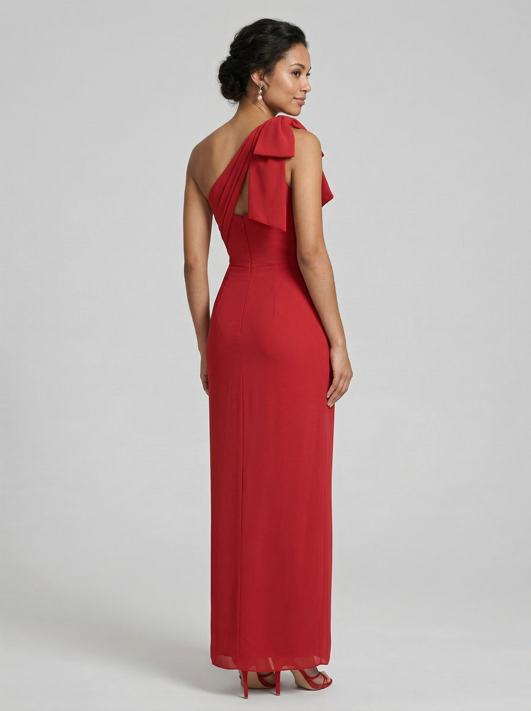 Elegant Red Chiffon column One Shoulder Side Zip with Bow Ankle-Length Bridesmaid Dress