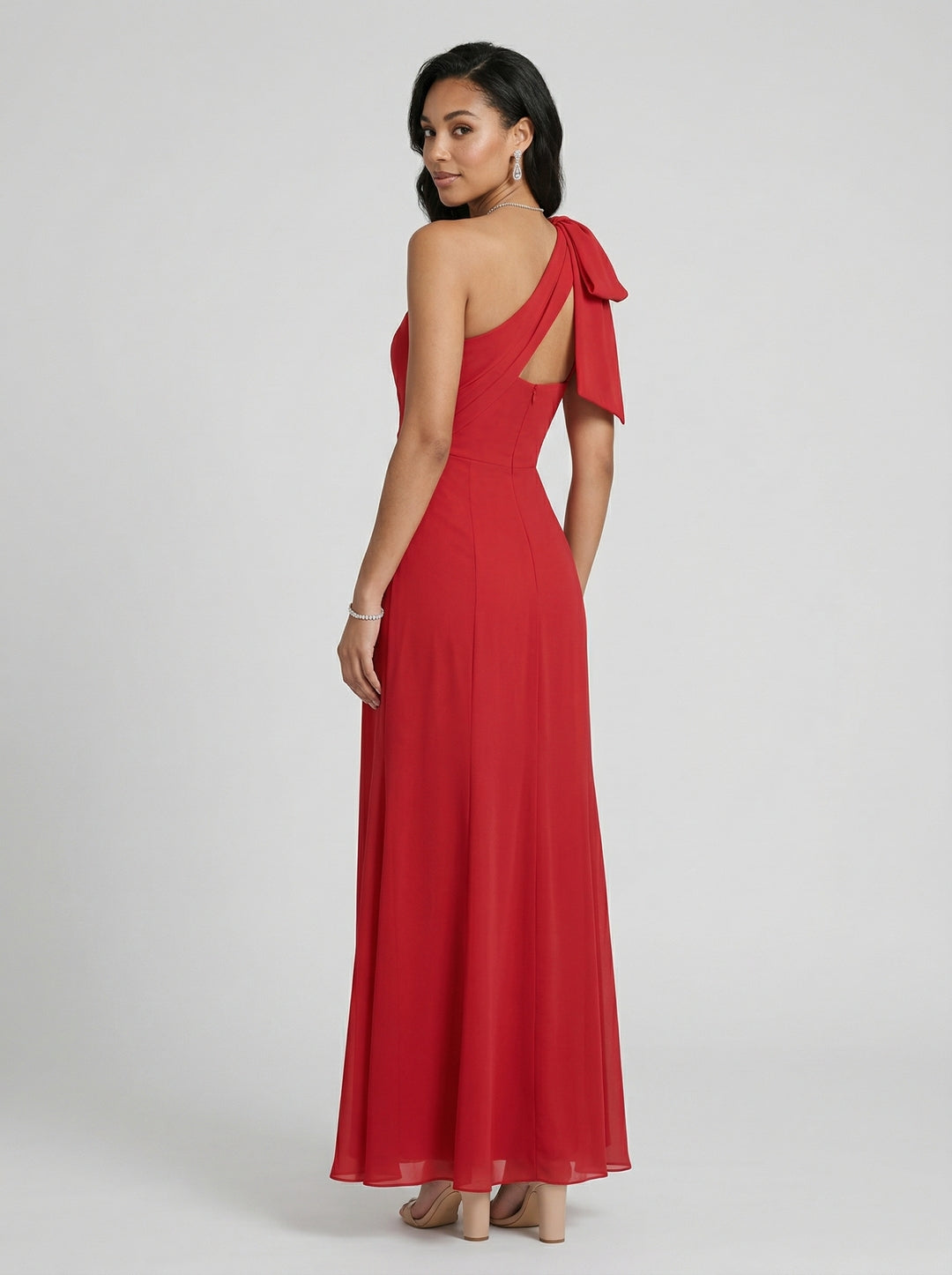 Elegant Red Chiffon column One Shoulder Side Zip with Bow Ankle-Length Bridesmaid Dress