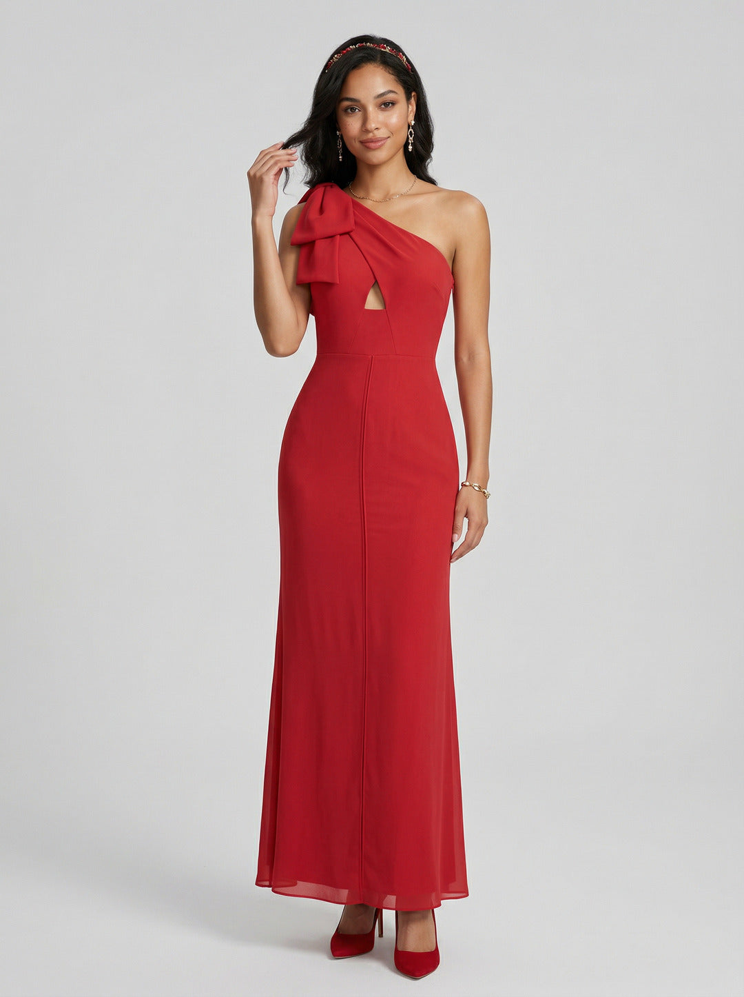 Elegant Red Chiffon column One Shoulder Side Zip with Bow Ankle-Length Bridesmaid Dress