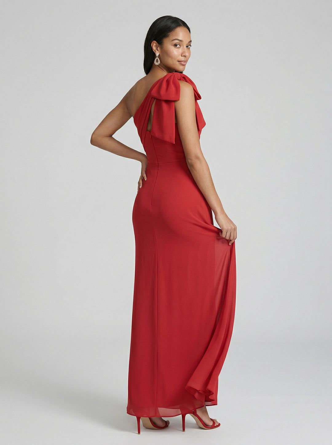 Elegant Red Chiffon column One Shoulder Side Zip with Bow Ankle-Length Bridesmaid Dress