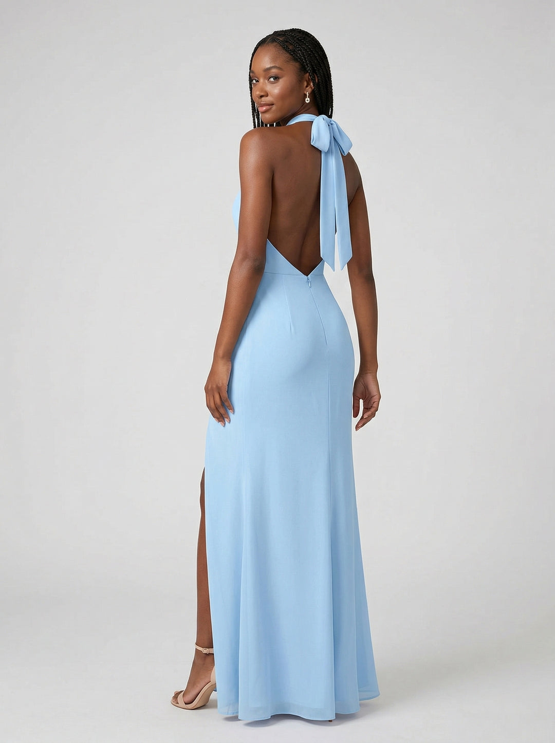 Elegant Sky Blue Chiffon Mermaid Halter neckline Backless Ankle-Length Bridesmaid Dress