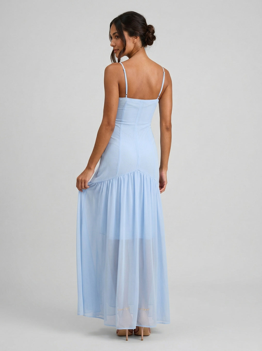 Elegant Sky Blue Chiffon Column Square Neck Backless Ankle-Length with Pleated Bridesmaid Dress