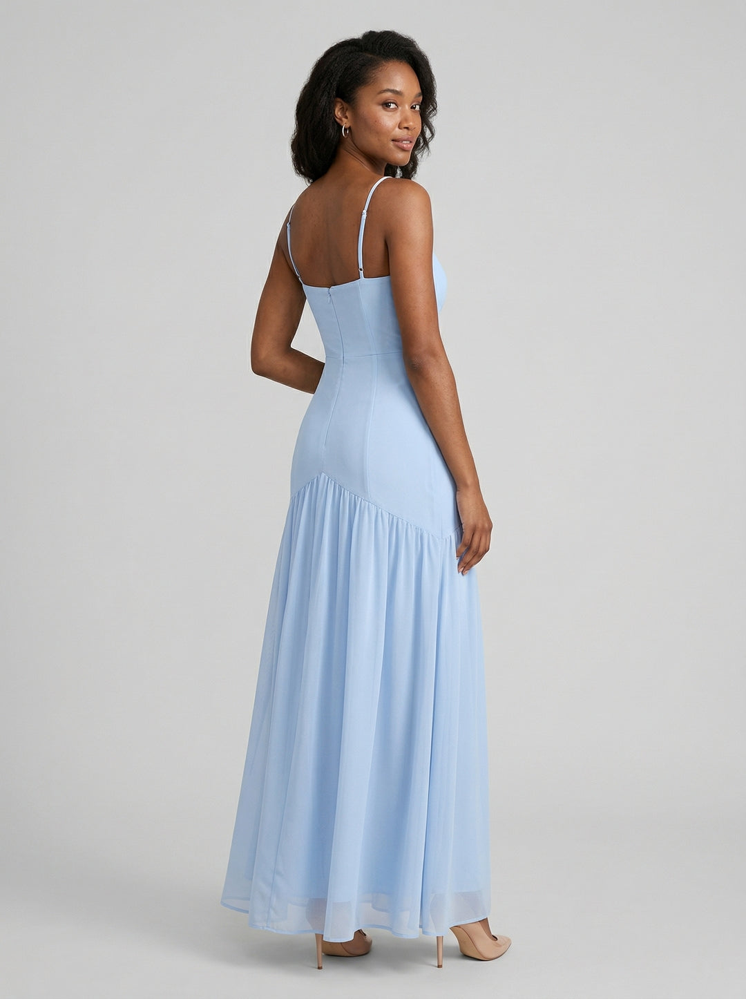 Elegant Sky Blue Chiffon Column Square Neck Backless Ankle-Length with Pleated Bridesmaid Dress