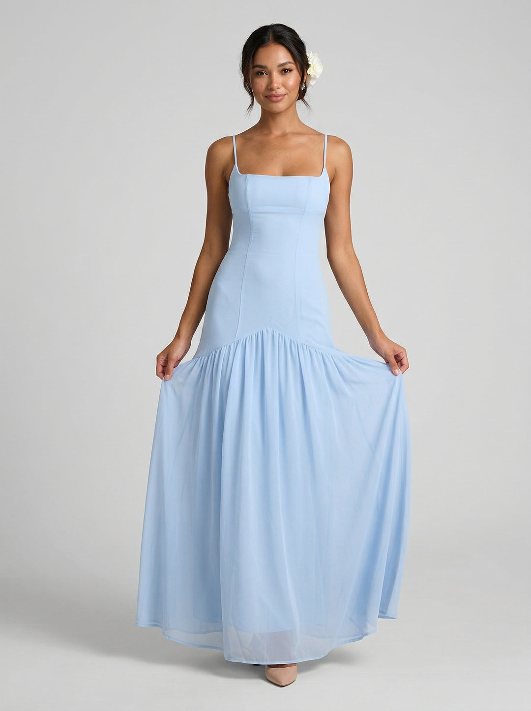 Elegant Sky Blue Chiffon Column Square Neck Backless Ankle-Length with Pleated Bridesmaid Dress