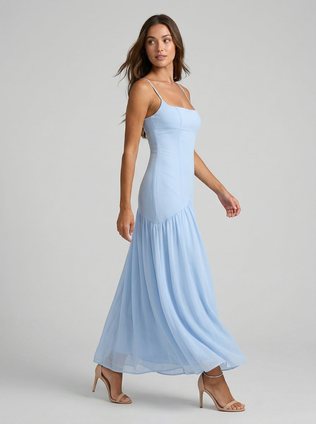 Elegant Sky Blue Chiffon Column Square Neck Backless Ankle-Length with Pleated Bridesmaid Dress