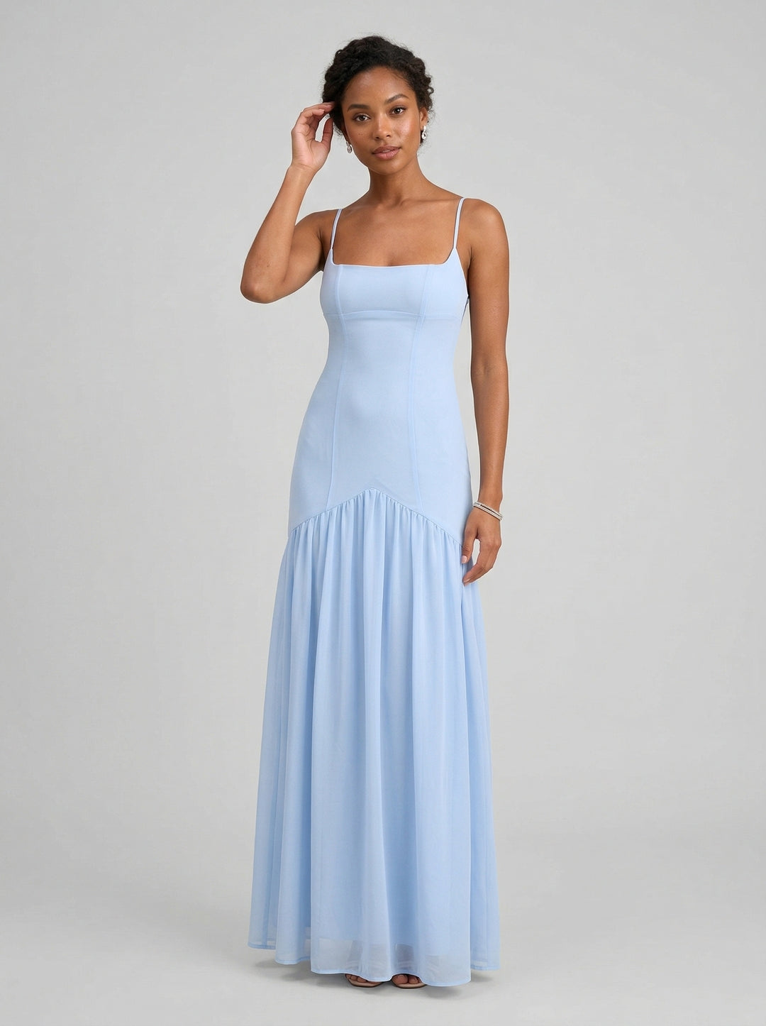 Elegant Sky Blue Chiffon Column Square Neck Backless Ankle-Length with Pleated Bridesmaid Dress