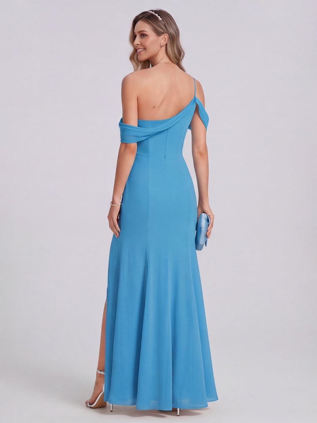 Elegant Peacock Chiffon mermaid Straight Neck Back Zip Ankle-Length Bridesmaid Dress