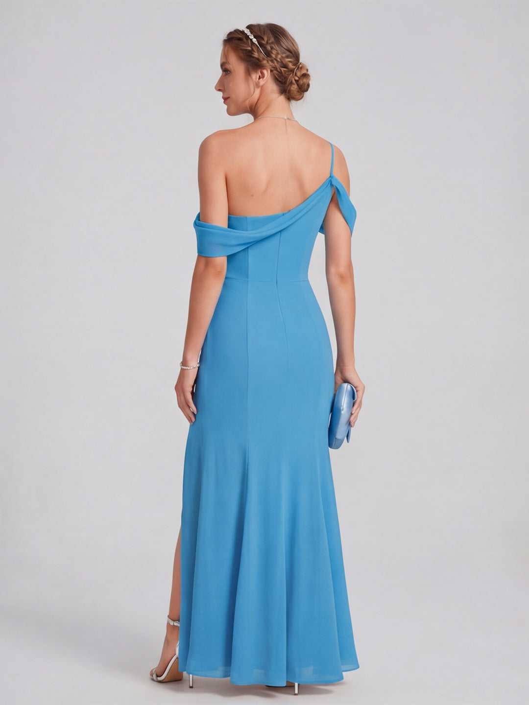 Elegant Peacock Chiffon mermaid Straight Neck Back Zip Ankle-Length Bridesmaid Dress