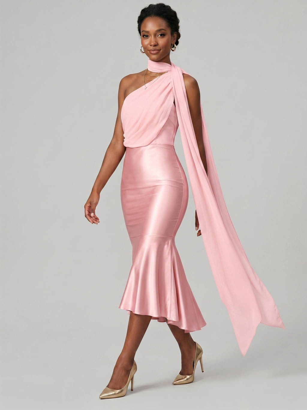 Elegant Petal Satin mermaid One Shoulder Tea-Length Bridesmaid Dress