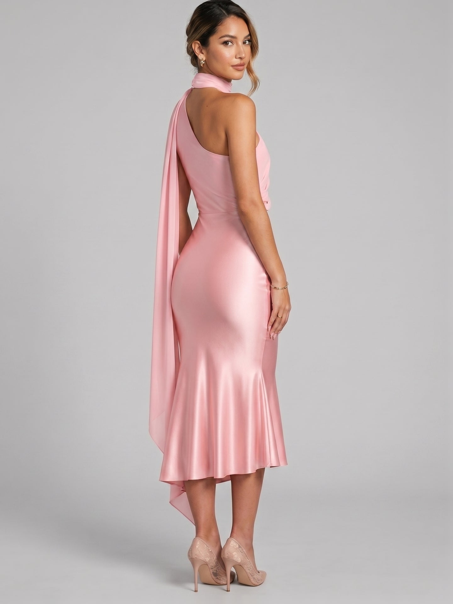 Elegant Petal Satin mermaid One Shoulder Tea-Length Bridesmaid Dress