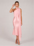 Elegant Petal Satin mermaid One Shoulder Tea-Length Bridesmaid Dress