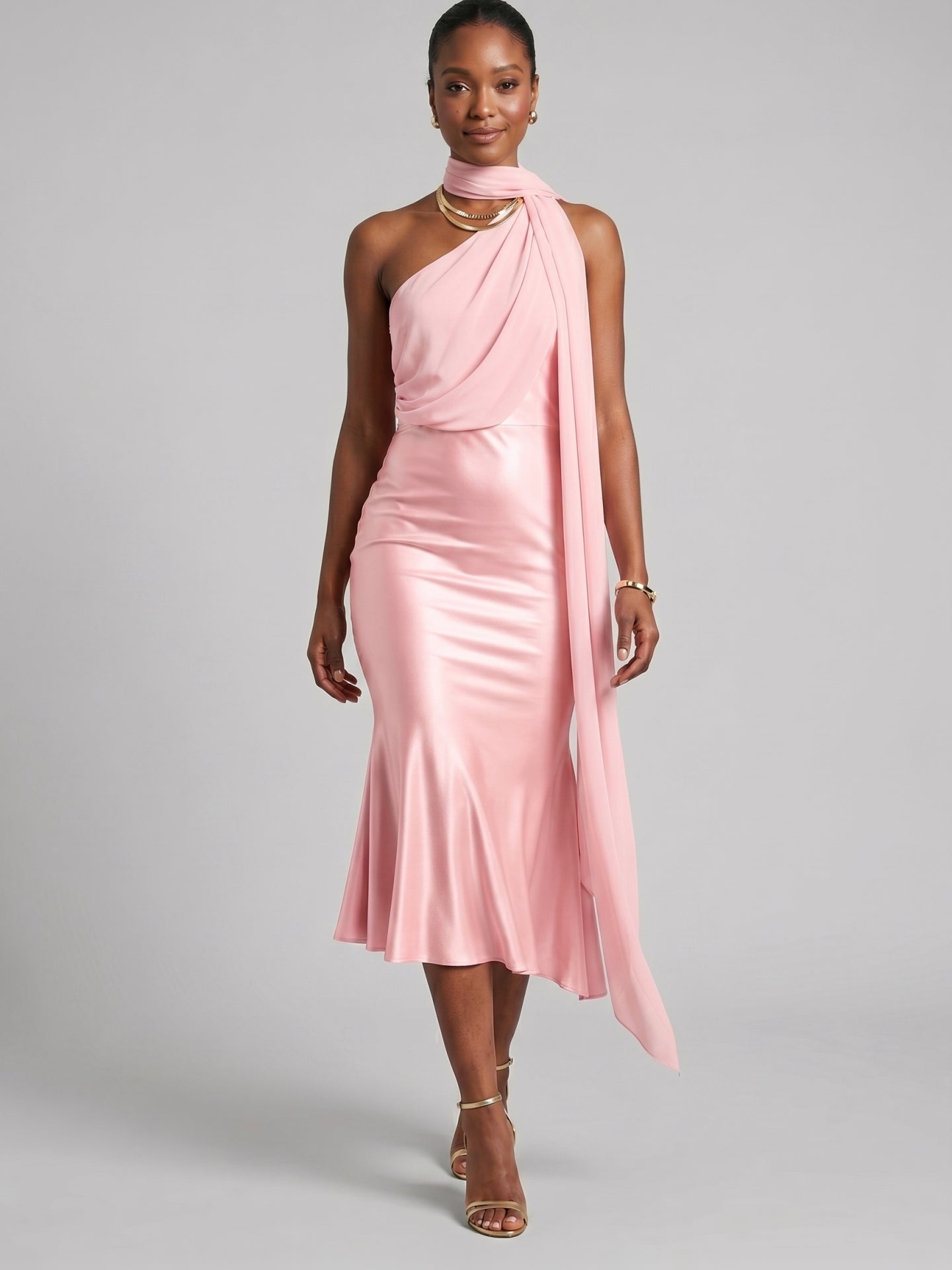 Elegant Petal Satin mermaid One Shoulder Tea-Length Bridesmaid Dress