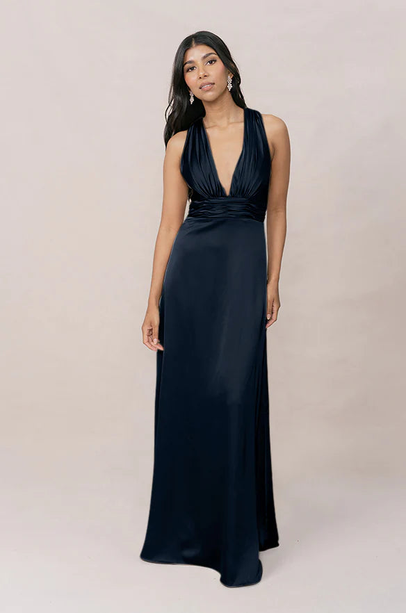 Elegant Plunge V-Neck Navy Blue Satin Bridesmaid Dress with Cross-Back Straps & Floor-Length A-Line Skirt