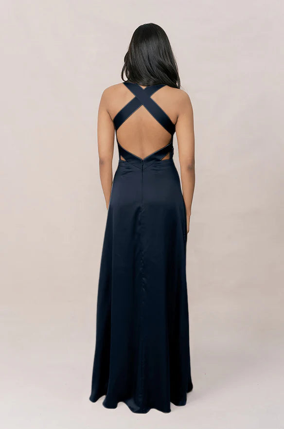 Elegant Plunge V-Neck Navy Blue Satin Bridesmaid Dress with Cross-Back Straps & Floor-Length A-Line Skirt