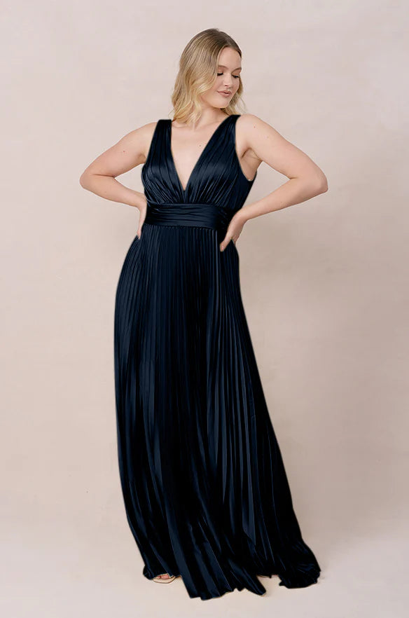 Elegant Plunging V-Neck Pleated Satin A-Line Bridesmaid Dress with Low Open Back