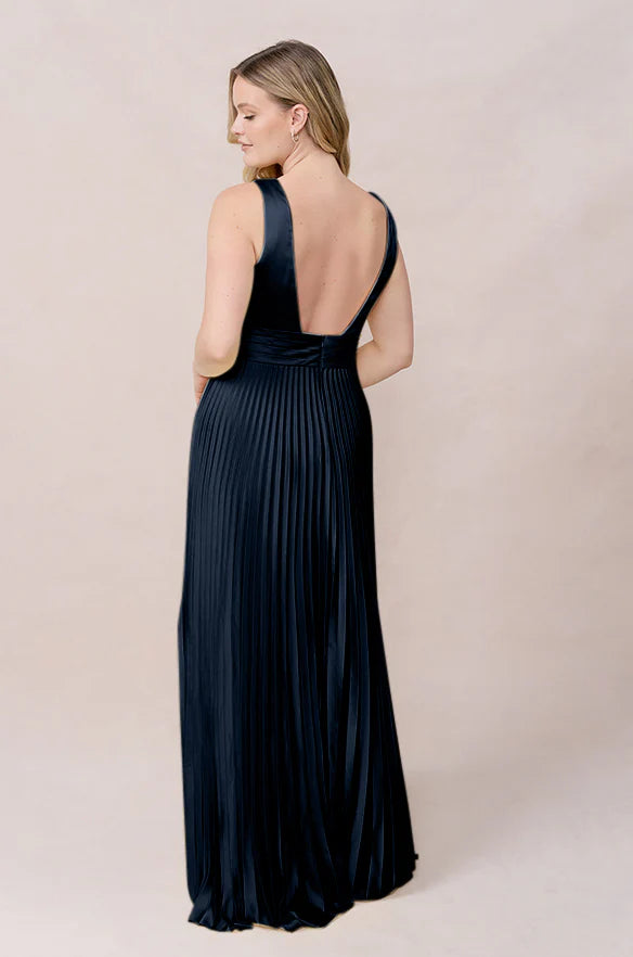 Elegant Plunging V-Neck Pleated Satin A-Line Bridesmaid Dress with Low Open Back