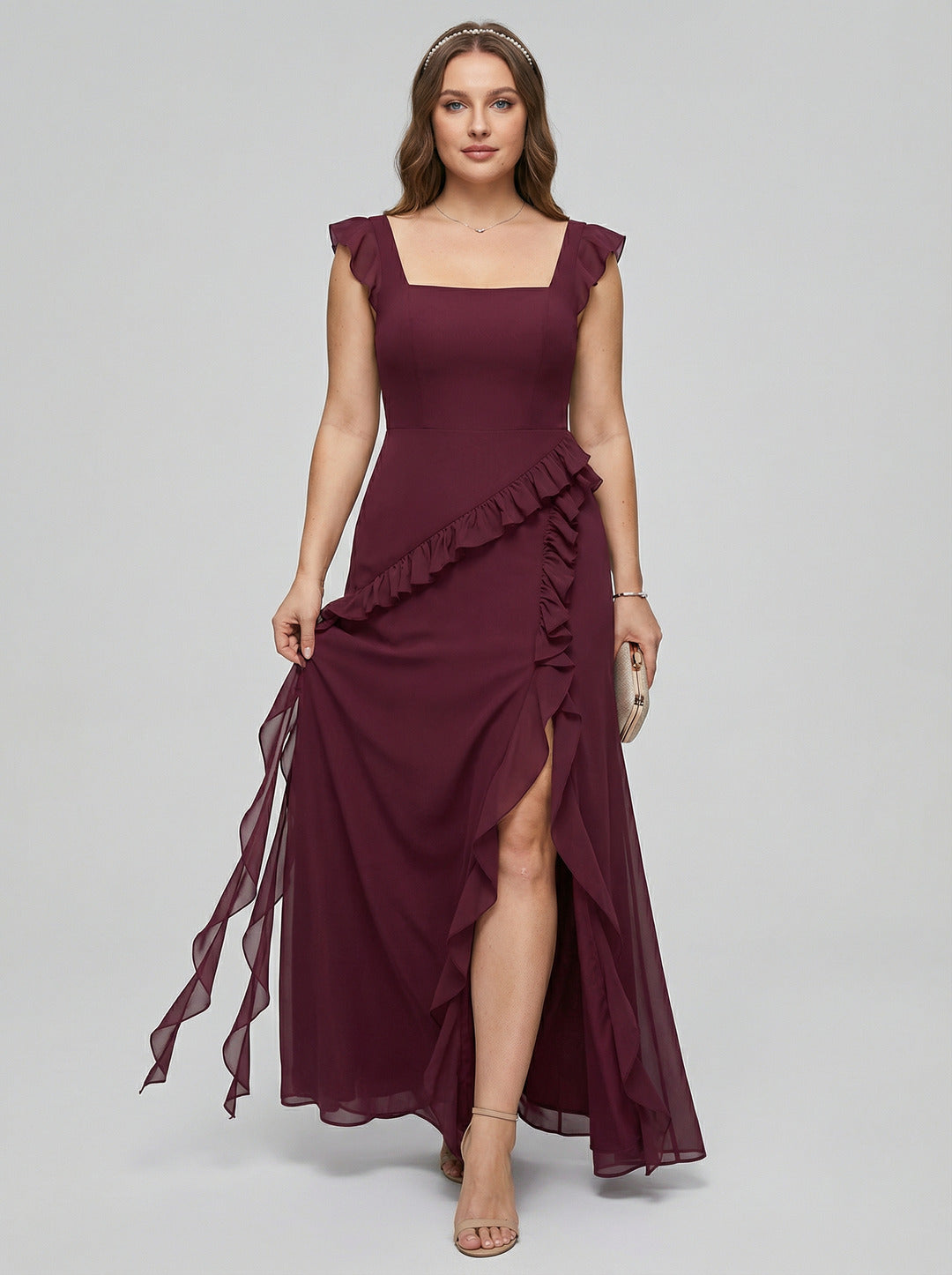 Elegant Rosewood Chiffon A-Line Square Neck Back Zip Ruffle Ankle-Length Plus Size Bridesmaid Dress