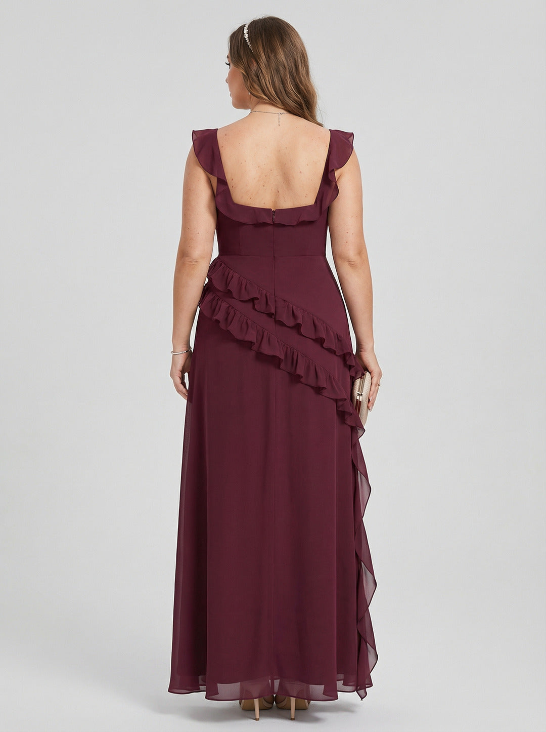 Elegant Rosewood Chiffon A-Line Square Neck Back Zip Ruffle Ankle-Length Plus Size Bridesmaid Dress