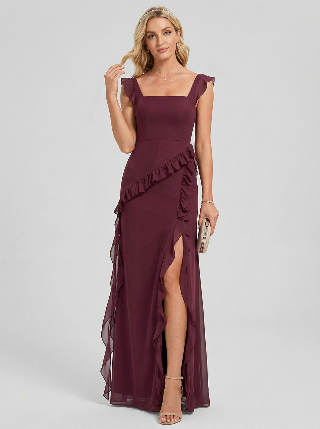 Elegant Rosewood Chiffon A-Line Square Neck Back Zip Ruffle Ankle-Length Plus Size Bridesmaid Dress