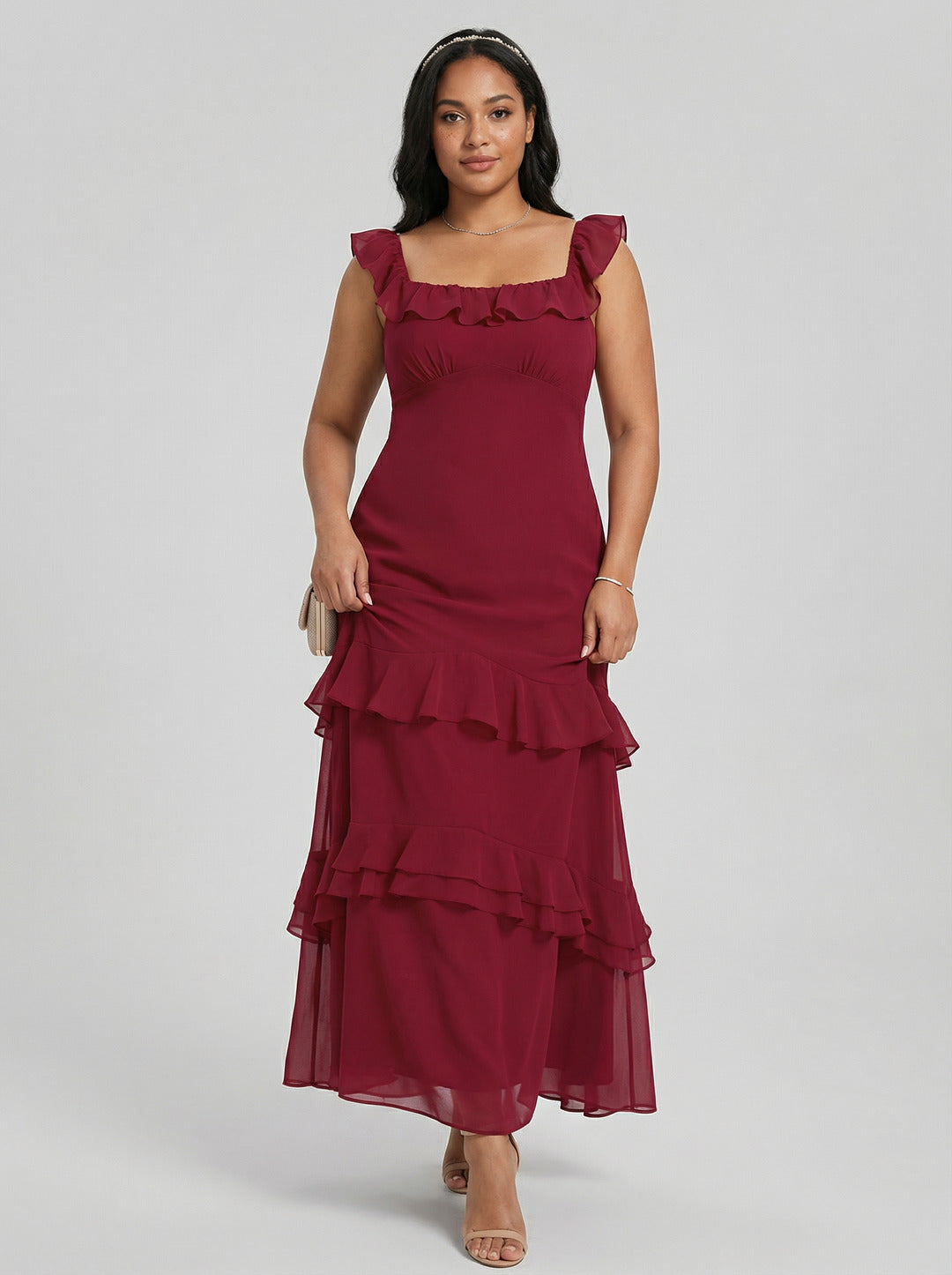 Elegant Rosewood Chiffon mermaid Square Neck Ankle-Length Bridesmaid Dress