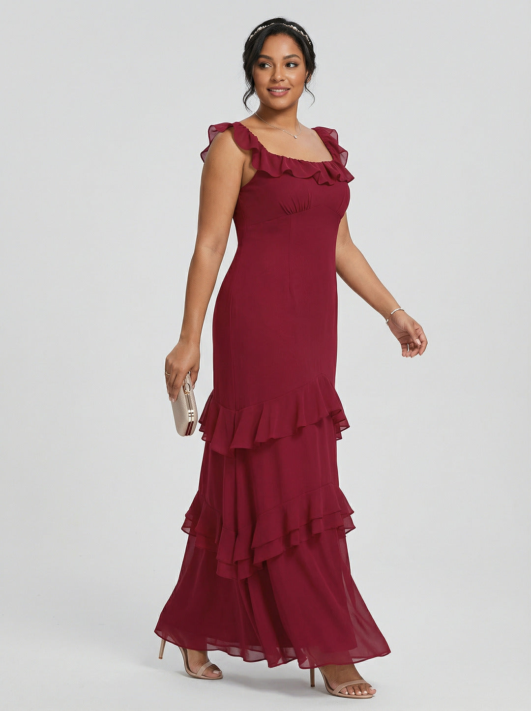Elegant Rosewood Chiffon mermaid Square Neck Ankle-Length Bridesmaid Dress