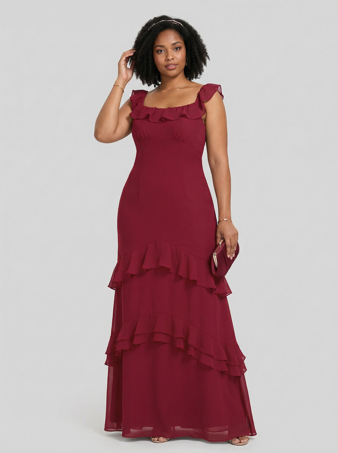 Elegant Rosewood Chiffon mermaid Square Neck Ankle-Length Bridesmaid Dress