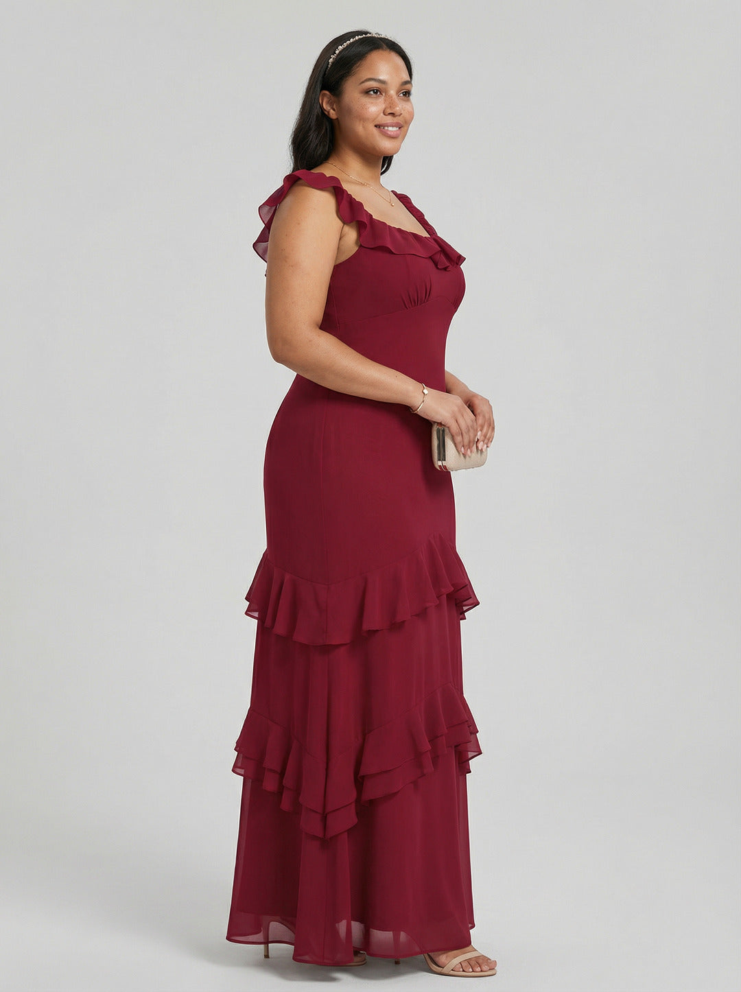 Elegant Rosewood Chiffon mermaid Square Neck Ankle-Length Bridesmaid Dress