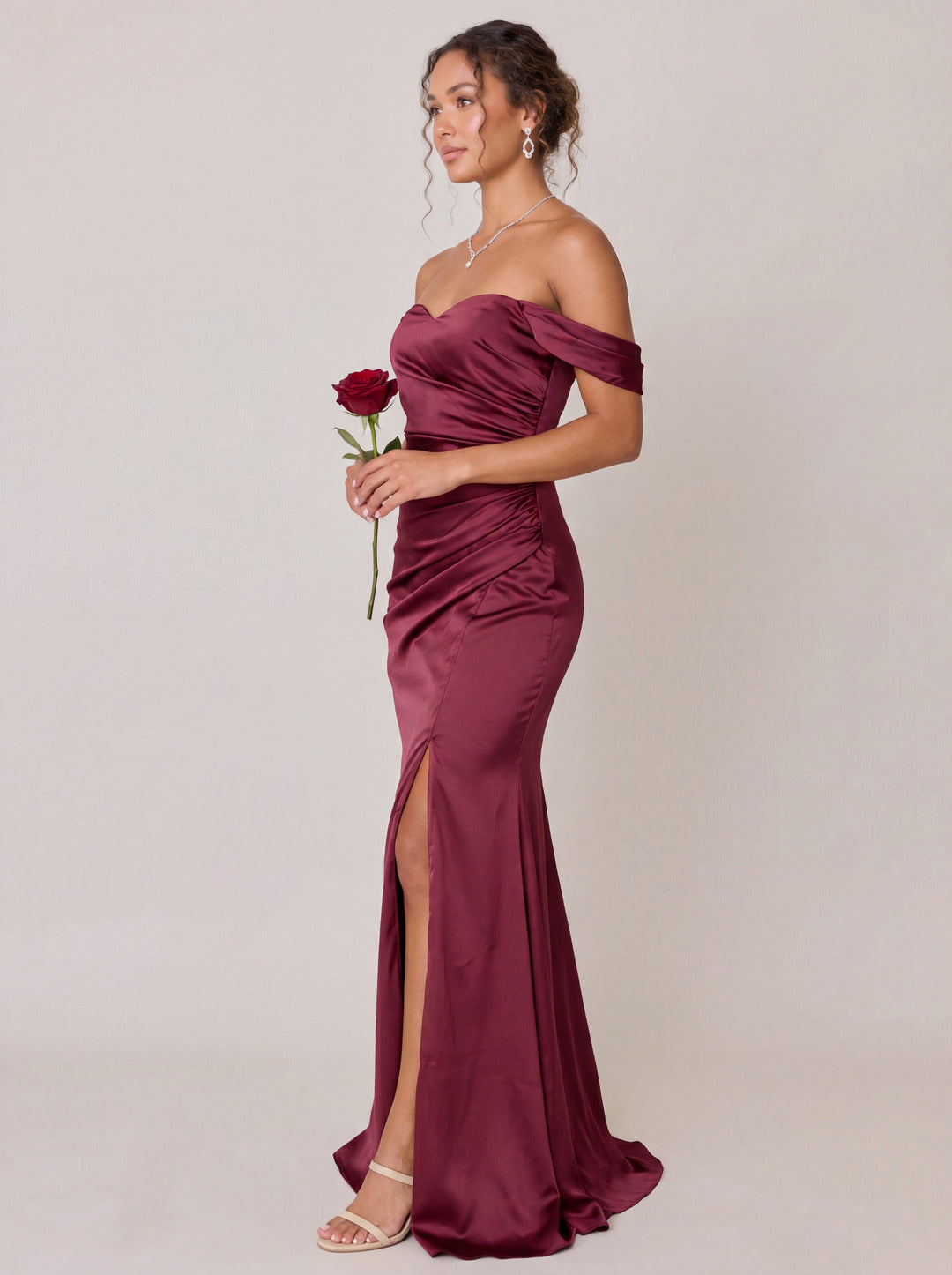 Elegant Rosewood Satin Trumpet Off-the-Shoulder Back Zip Ankle-Length Bridesmaid Dress