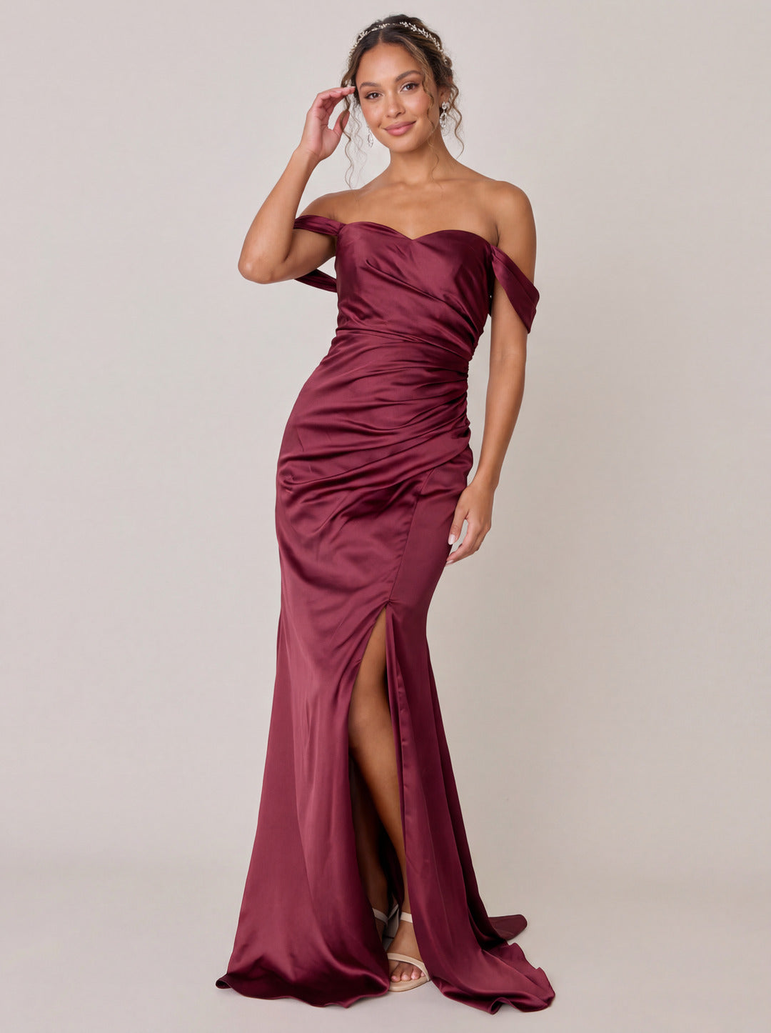 Elegant Rosewood Satin Trumpet Off-the-Shoulder Back Zip Ankle-Length Bridesmaid Dress