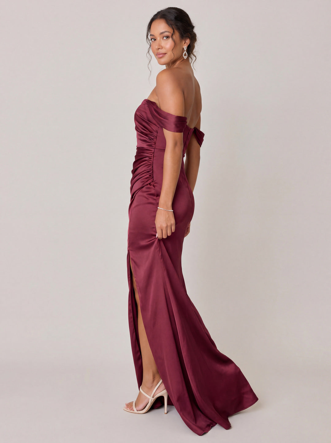Elegant Rosewood Satin Trumpet Off-the-Shoulder Back Zip Ankle-Length Bridesmaid Dress