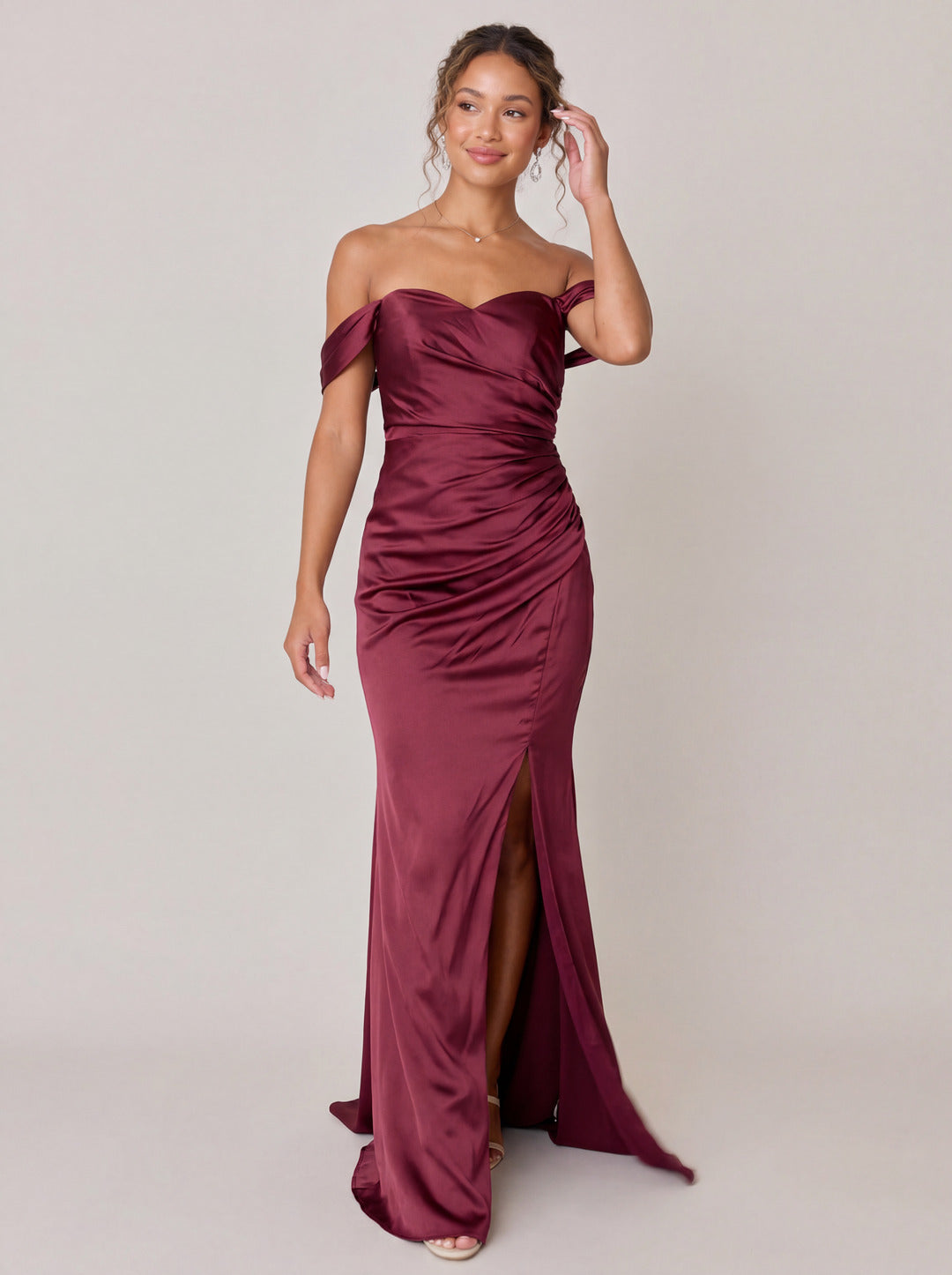 Elegant Rosewood Satin Trumpet Off-the-Shoulder Back Zip Ankle-Length Bridesmaid Dress