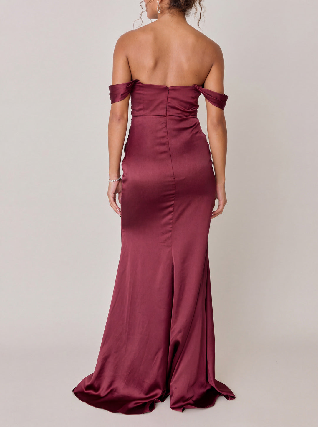 Elegant Rosewood Satin Trumpet Off-the-Shoulder Back Zip Ankle-Length Bridesmaid Dress