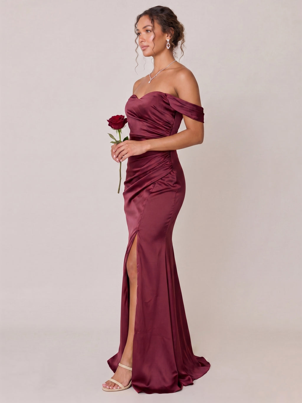 Elegant Cabernet Satin Trumpet Off-the-Shoulder Back Zip Ankle-Length Bridesmaid Dress