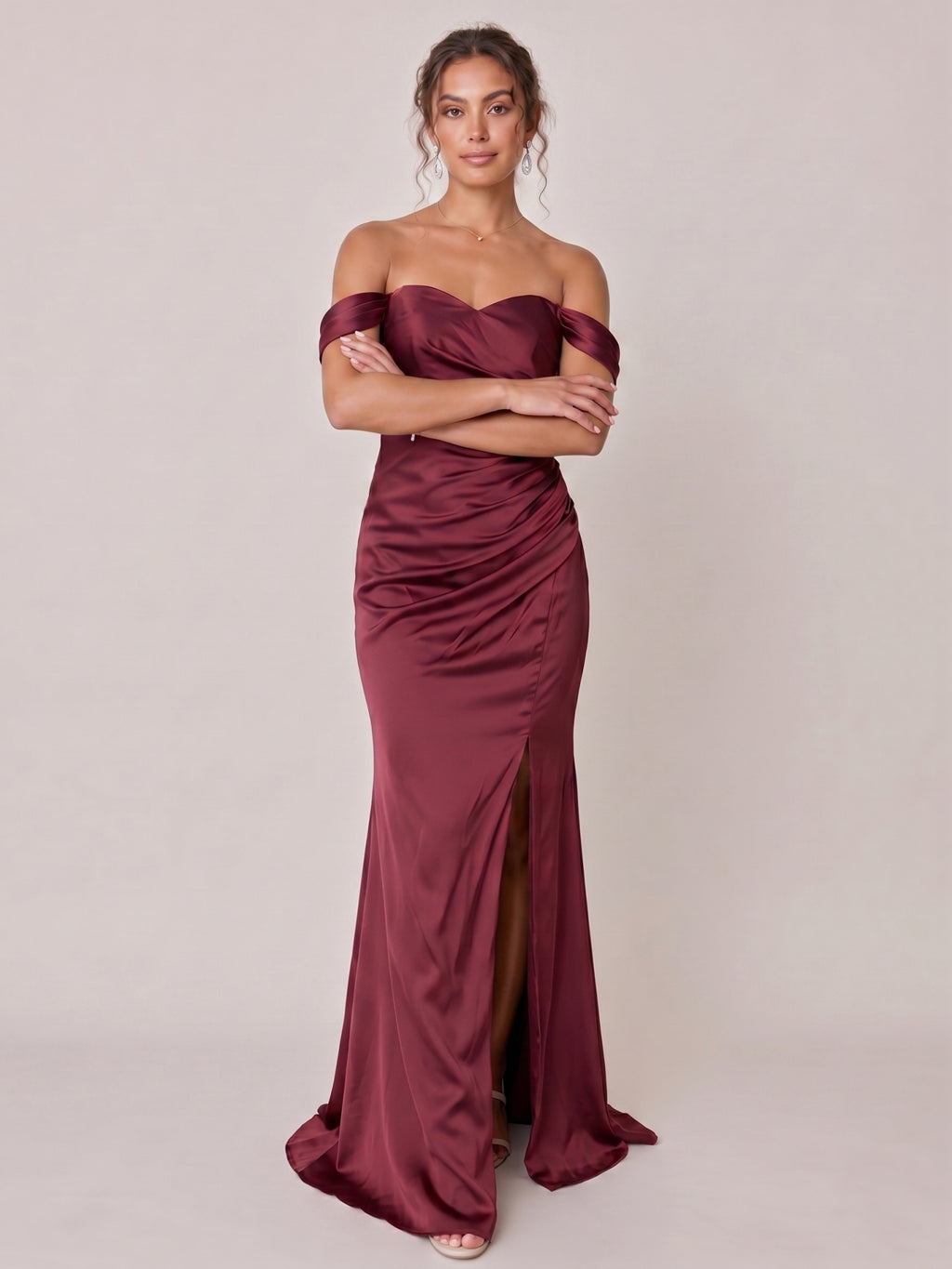 Elegant Cabernet Satin Trumpet Off-the-Shoulder Back Zip Ankle-Length Bridesmaid Dress