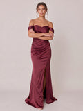 Elegant Cabernet Satin Trumpet Off-the-Shoulder Back Zip Ankle-Length Bridesmaid Dress