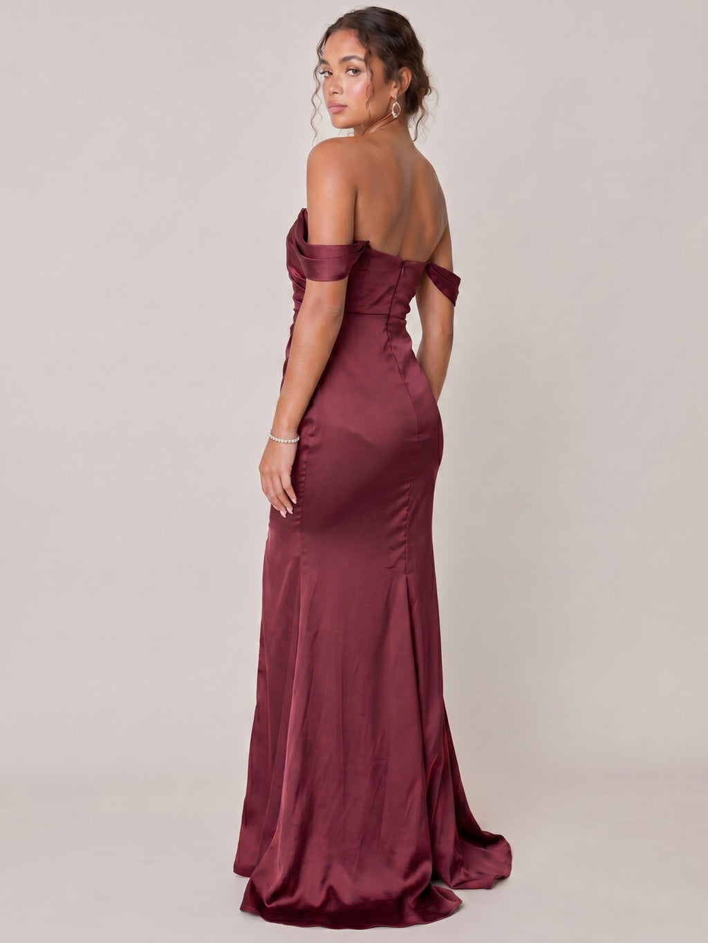 Elegant Cabernet Satin Trumpet Off-the-Shoulder Back Zip Ankle-Length Bridesmaid Dress